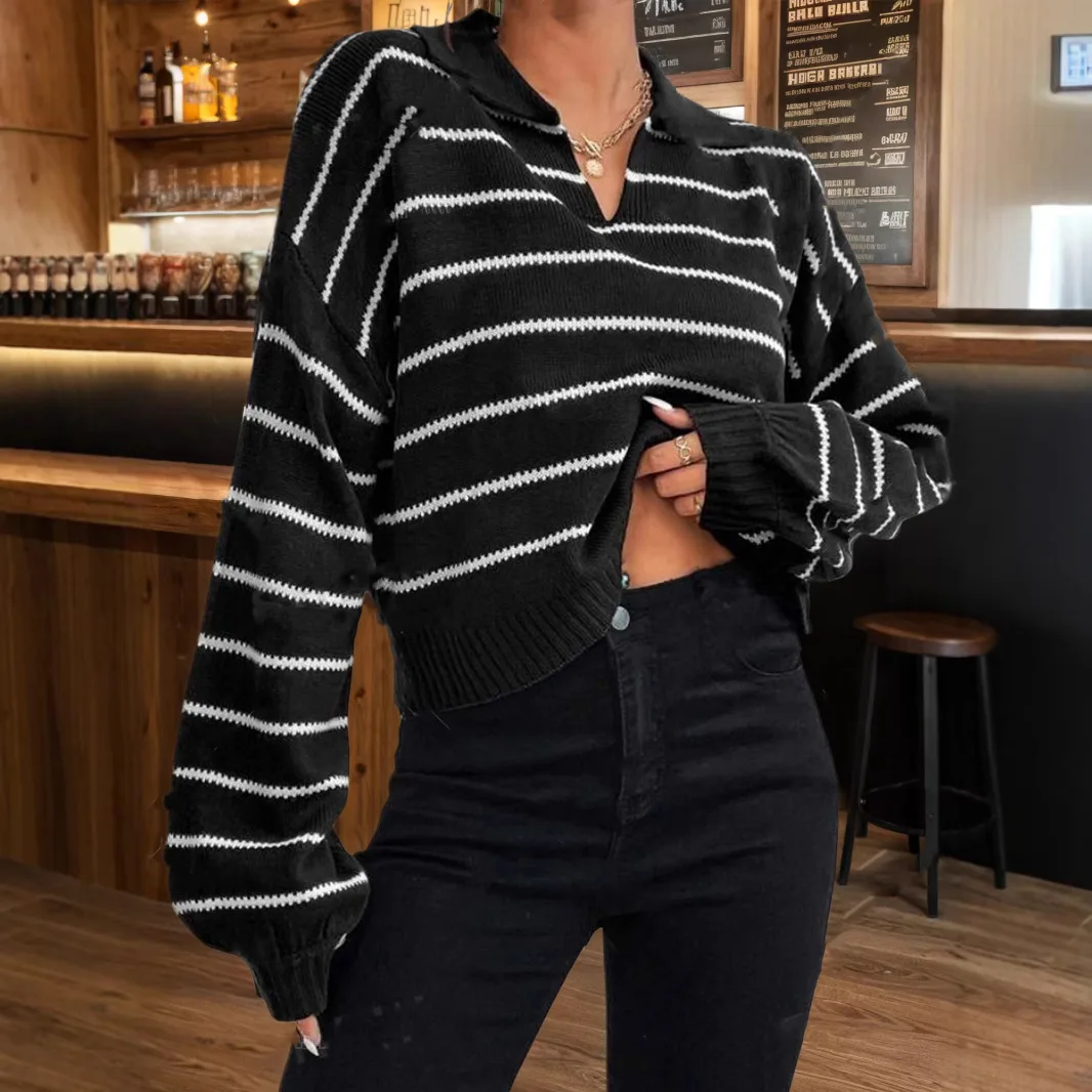 

Women Knitted Pullovers Sweaters Striped Jumpers Long Sleeves Turn Down Collar Thick Loose Casual Office Lady 2025 Autumn Winter