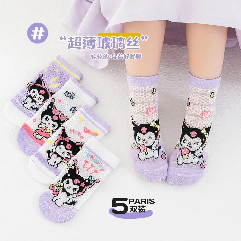Hello Kitty Cinnamoroll Anime Kawaii Sanrio Calzini casual per bambini Estate Carino Kuromi Calza in rete di seta ghiacciata Regali per bambini