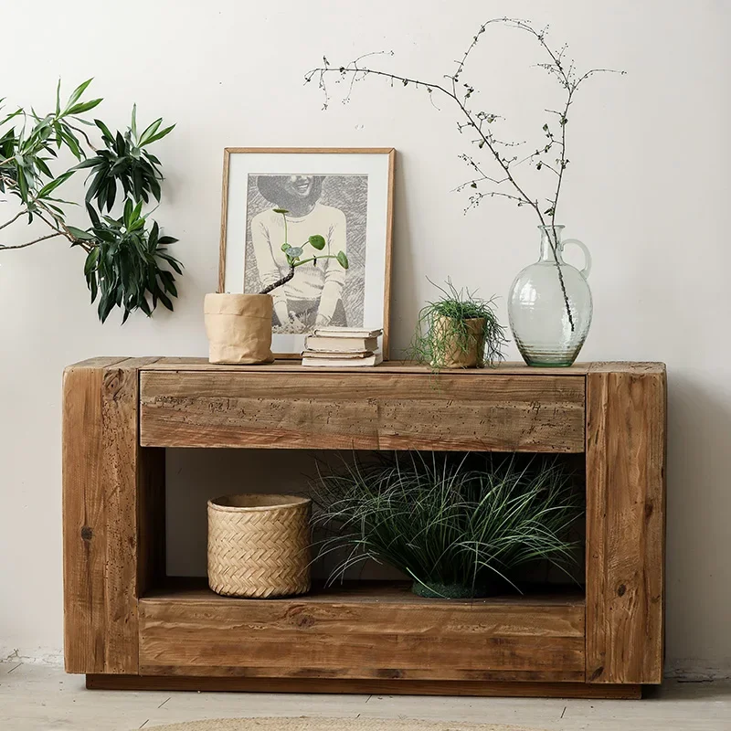 Old pine rectangular hollow entrance cabinet Solid wood retro dining side cabinet Living room decorative cabinet against