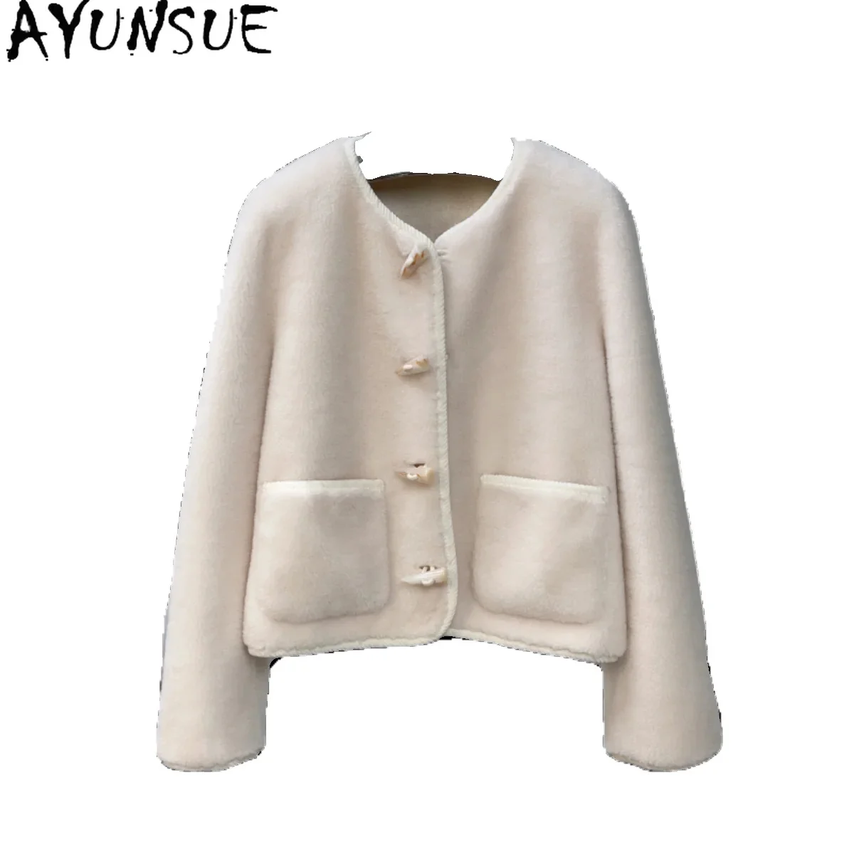 100% AYUNSUE Pure Wool Jackets for Women 2024 Fall Winter Short Sheep Shearing Coat Round Neck Fur Coats Horn Button Casacos