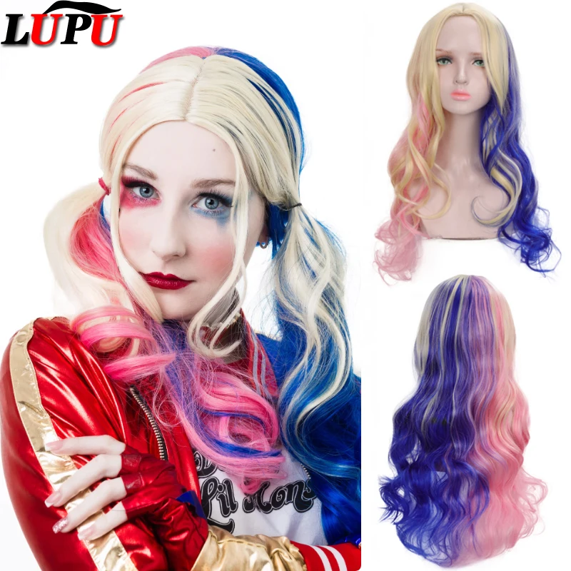 

LUPU Pink and Blue Long Curly Wigs for Women No-bangs Clip on Ponytails Cosplay Wig,Halloween Party Show Daily use Wig