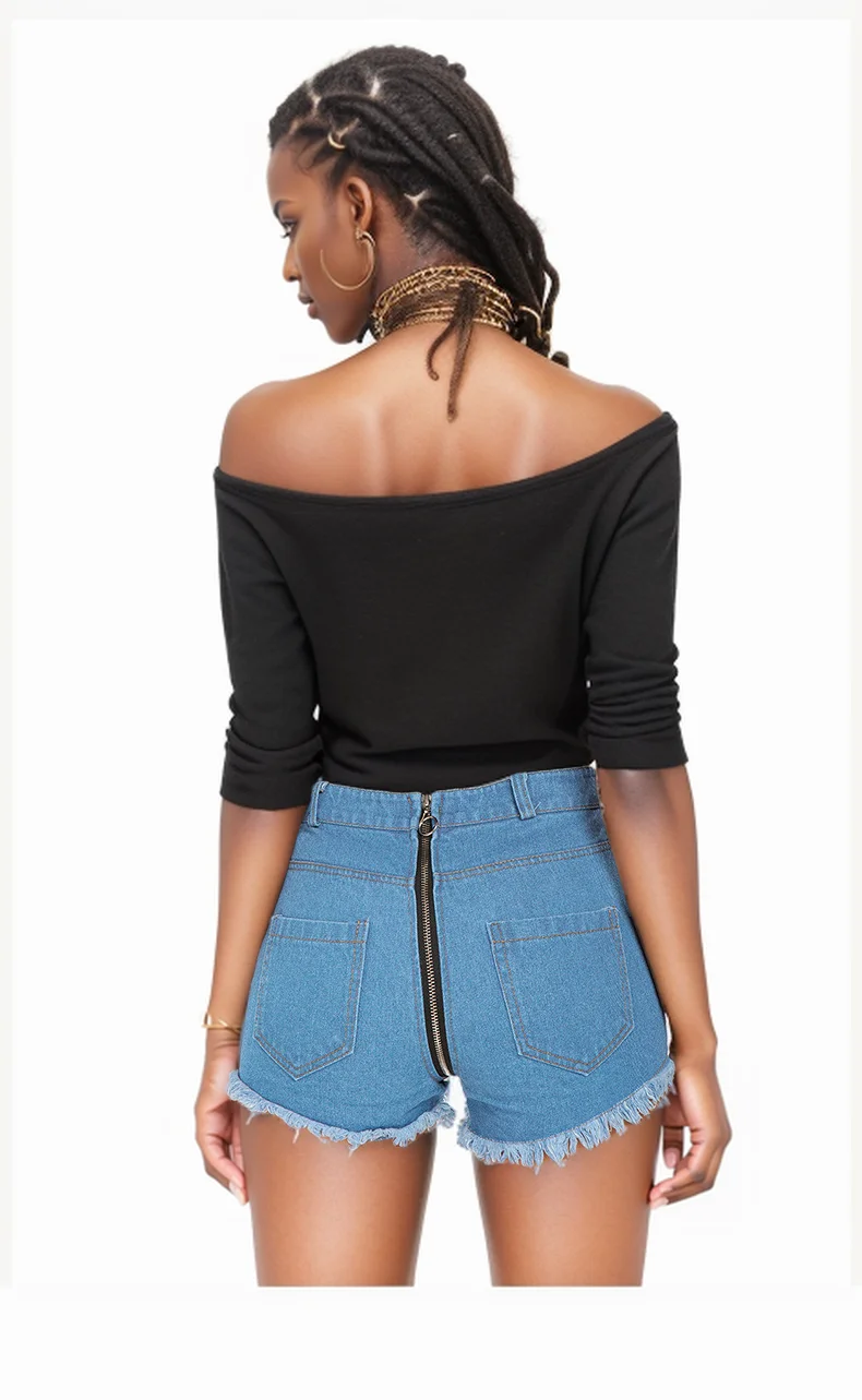 

2023 Summer Fashion New Hole Breaking Sexy Zipper Fringe Denim Shorts for Women