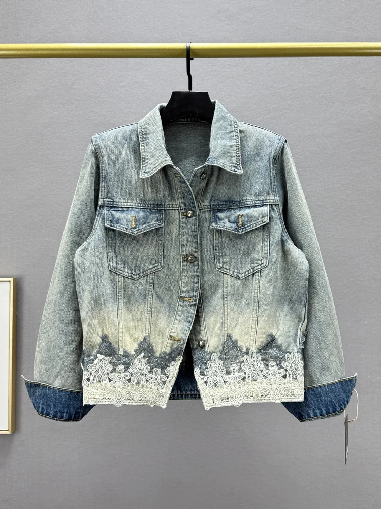 

Embroidered Denim Jaet Women's Trendy Loose Slimming Bf Vintage Long Sve Jaet Top Spring 2025 Cotton Polyester Blend