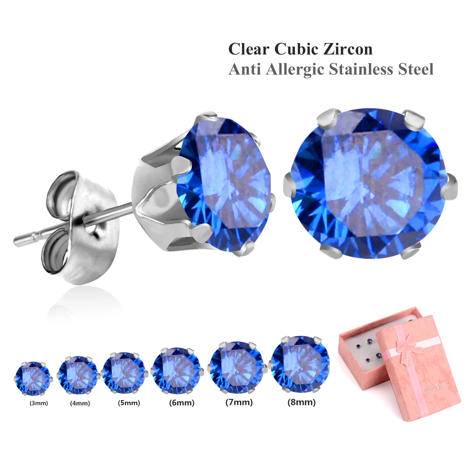 LUXUSTEEL Round/Square Cubic Zirconia Earring Set Colorful BirthStone Push Back Stud Earrings 2022 Bijoux Pendientes 6Pair/Box