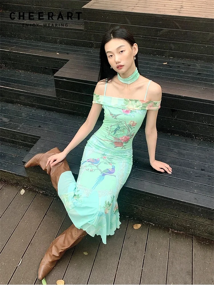 CHEERART Green Floral Bodycon Long Mermaid Dress For Women Elegant Party Summer Slash Tunics Mesh Midi Dress 2024 Clothes