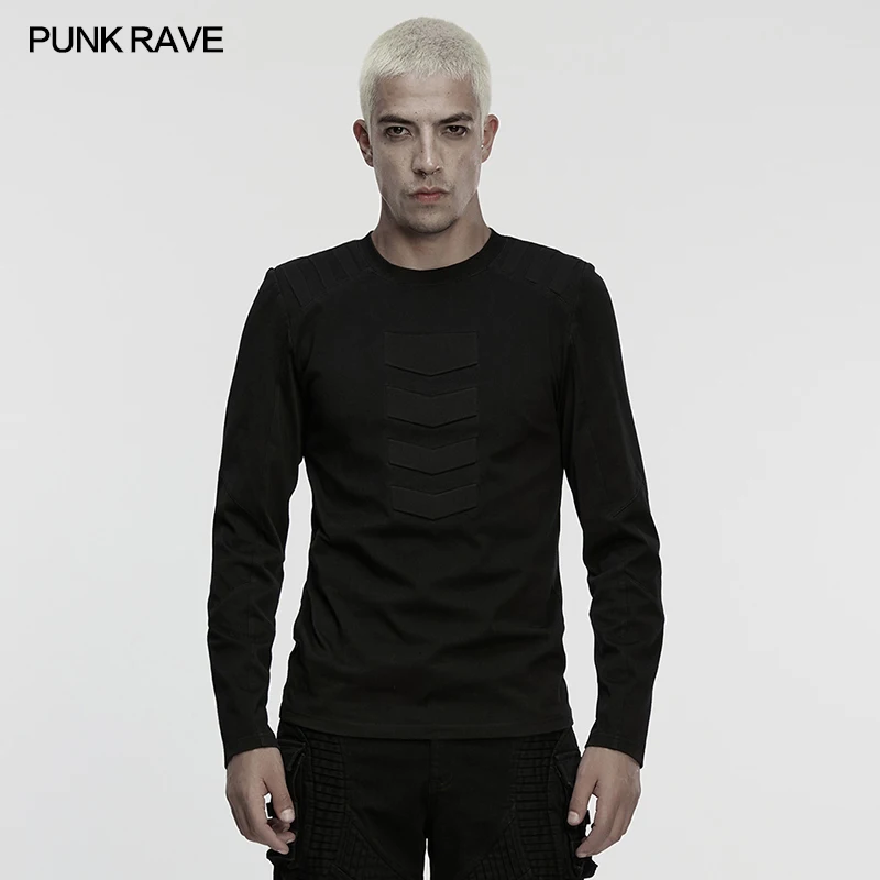 

PUNK RAVE Men's Cyberpunk Simple Versatile Denim-like Knitted Stylish T-shirt Personalized Segmentation Design Cool Tops