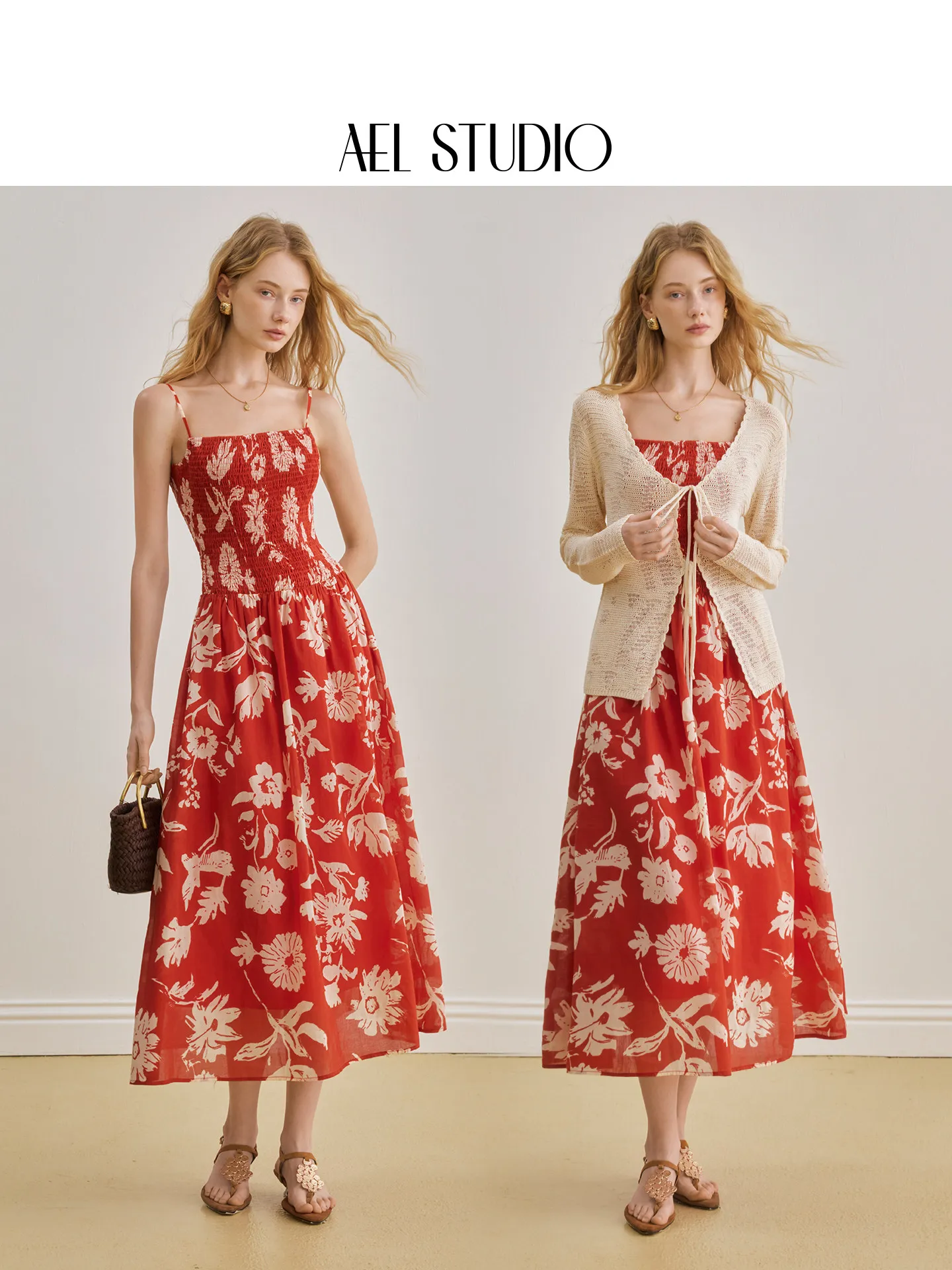 AEL Original Seaside Vacation Style Red Print Suspender Dress 26 Sommer Tailliertes und schmales, elegantes langes Kleid aus reiner Baumwolle – Detail 4