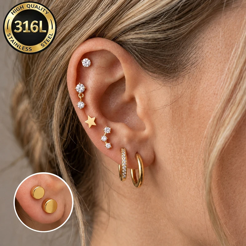 EVISPOL 20G Stainlesss Steel CZ Flat Back Stud Earring for Women Men Hypoallergenic Huggie Hoop Earrings Conch Piercing Jewelry