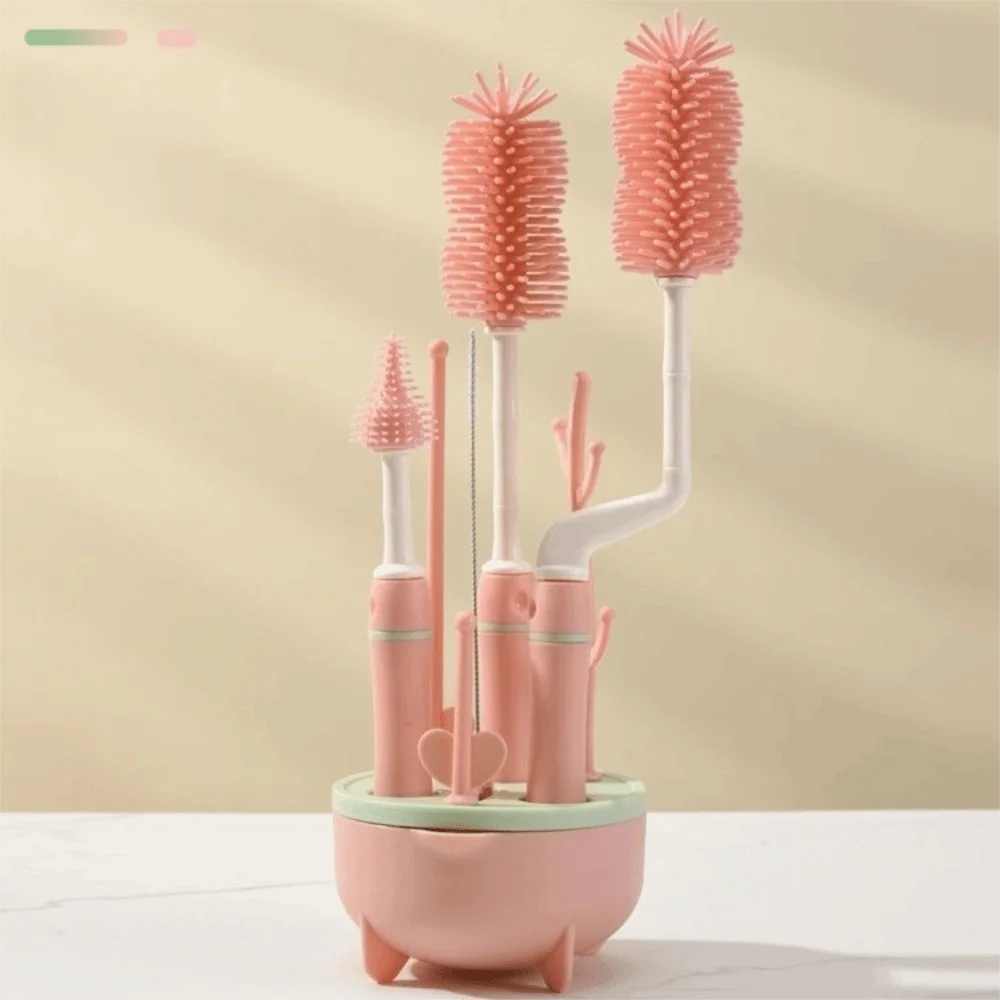 مجموعة منظف زجاجات الأطفال برأس ناعم، مقبض طويل، قطارة الحلمة، فرشاة تنظيف الزجاجات، رف تجفيف، منظف زجاجات المياه من السيليكون