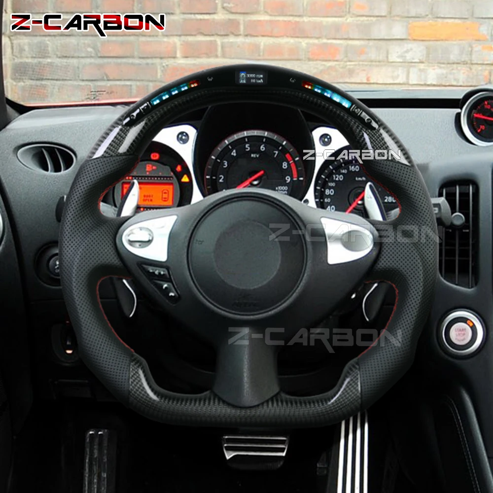 Real Carbon Fiber Steering Wheel Perforated Leather For Nissan 370Z 2009-2021 Red Stitching Racing Sport Wheel Car Accessories