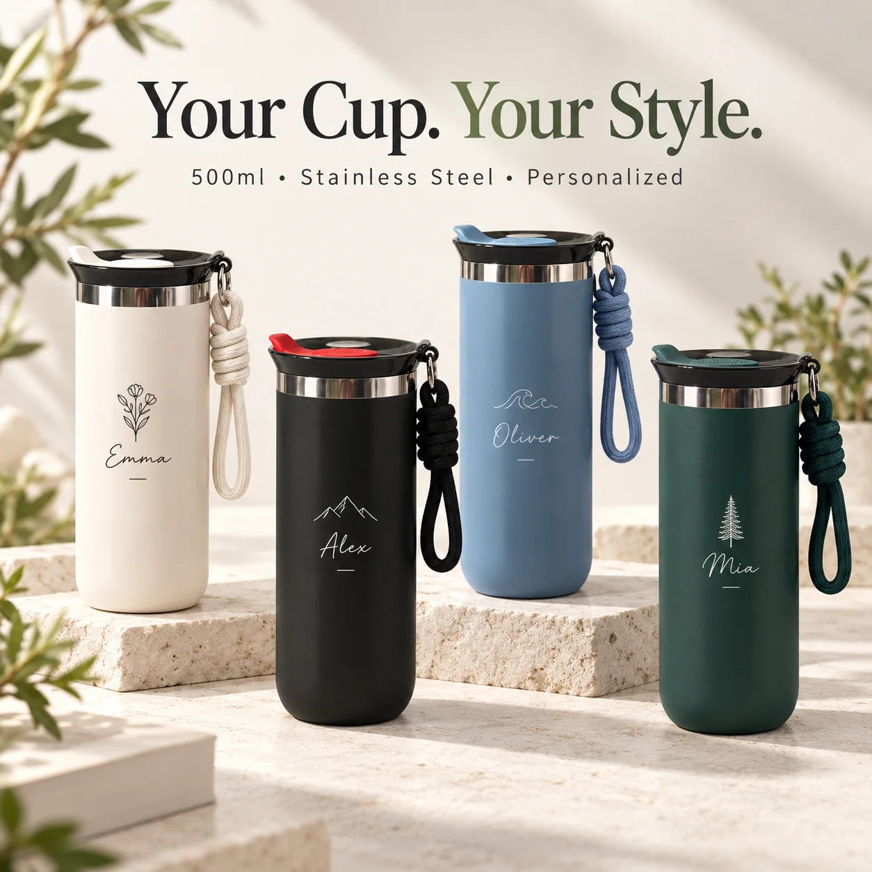 Custom Insulated Travel Mug 500ml Tall Stainless Steel With Carry Loop For Office Commute Coffee Tea Everyday Personalized Gift