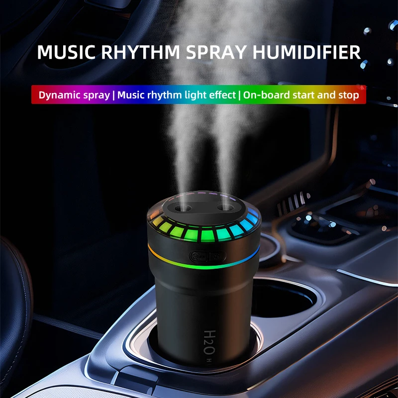 

300ML Double Spray Vehicle Air Humidifier Type-c USB Music Rhythm Spray Humidifier with Mood Light Car Mini Aroma Humidifier