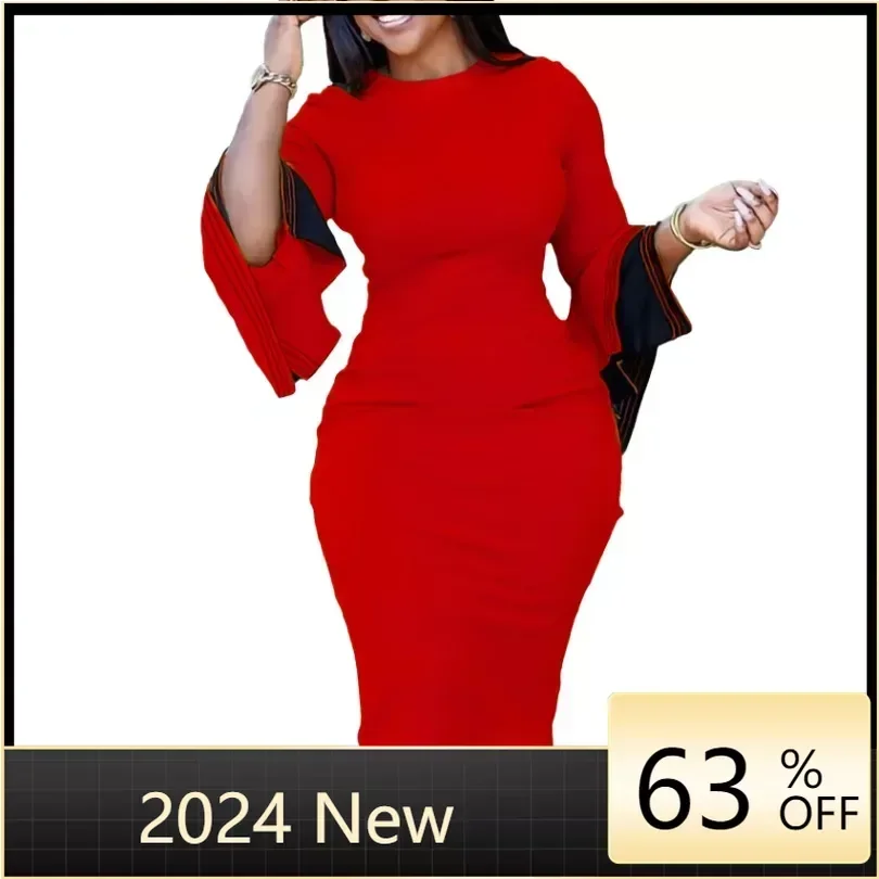 

Plus Size Autumn And Winter New Round Neck Long Sleeved Fashionable And Elegant Style Wrapped Hip Commuting Pencil Dress