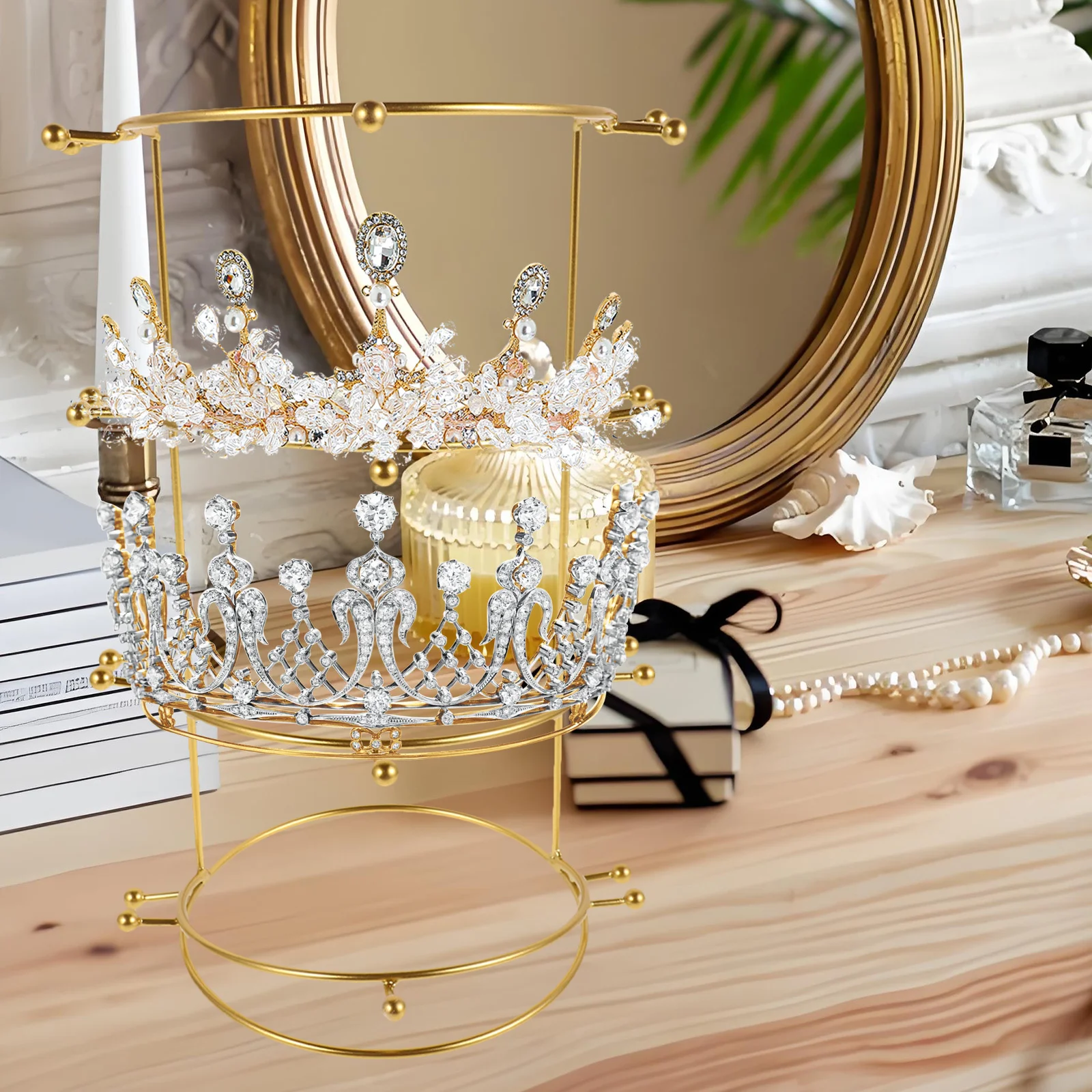 

Bride Crown Display Stand Metal Elegant Multilayer Tiara Holder Storage Rack Desktop Headbands Organizer for Weddings Jewelry