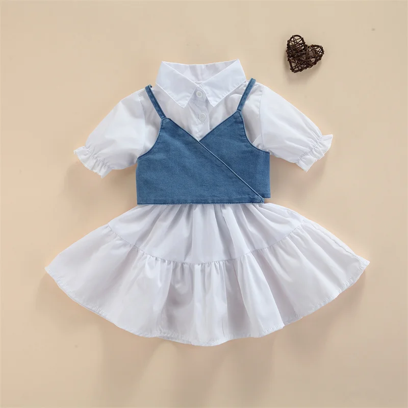 Kids Toddler Baby Girl Summer Outfit Short Sleeve T-Shirt Dress Tunic Tops with Denim Vest Corset 2pcs Clothes Sets