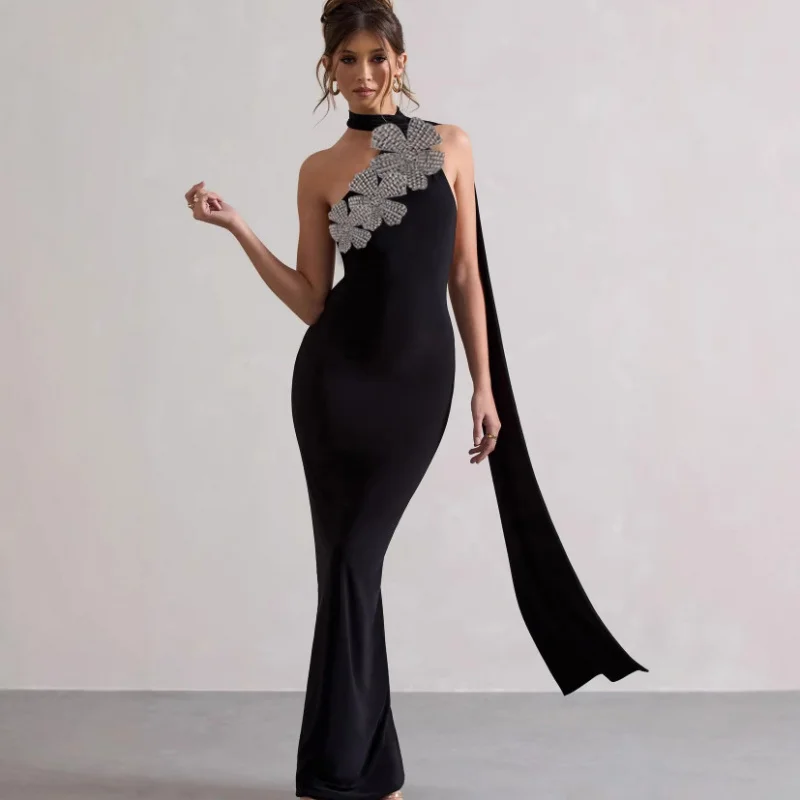 

European and American Design Floral Rhinestone Sexy Backless Bandage Dress Elegant Party Dress for Women