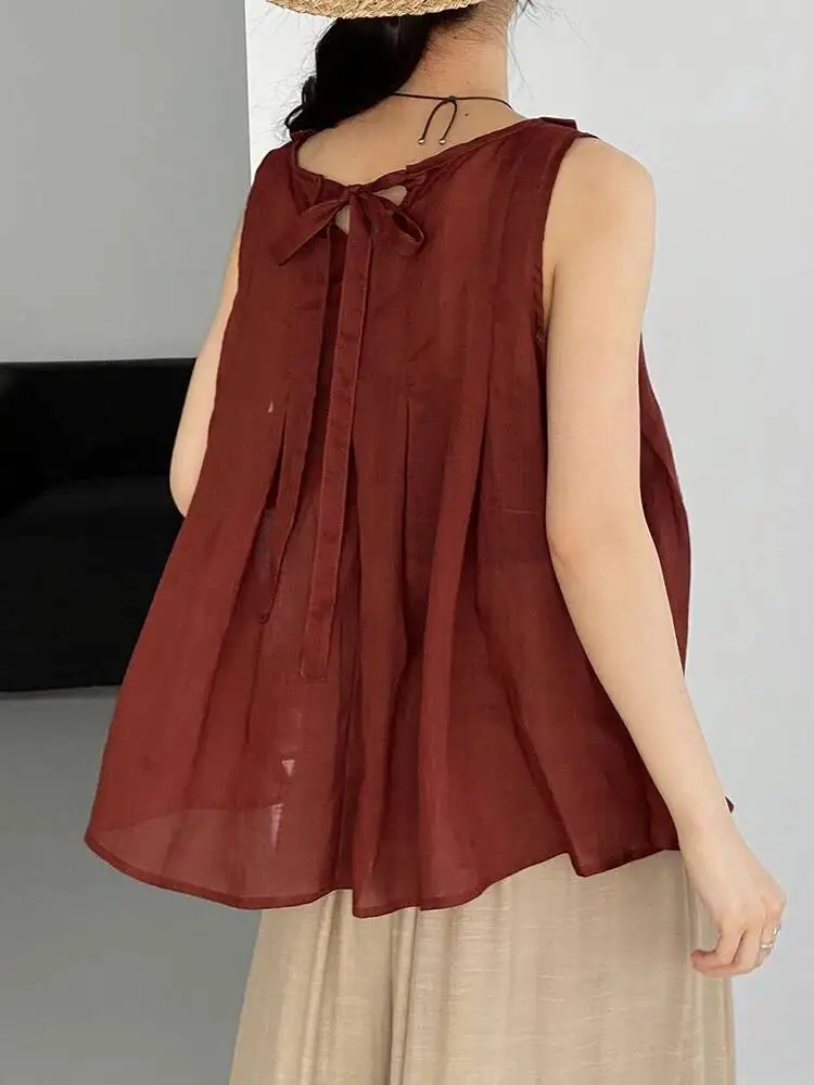Women Dark Red Ramie Both Side Wear Tank Tops New V-collar Sleeveless Personality Fashion Tide Spring Summer