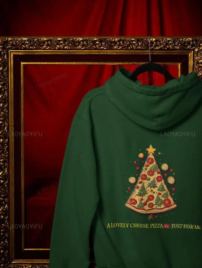 น่ารักพิซซ่าชีส Just for Me ชายหญิงคริสต์มาส Hoodie ฤดูใบไม้ร่วงและฤดูหนาวไหล่เสื้อกันหนาวปีใหม่ Xmas ของขวัญ