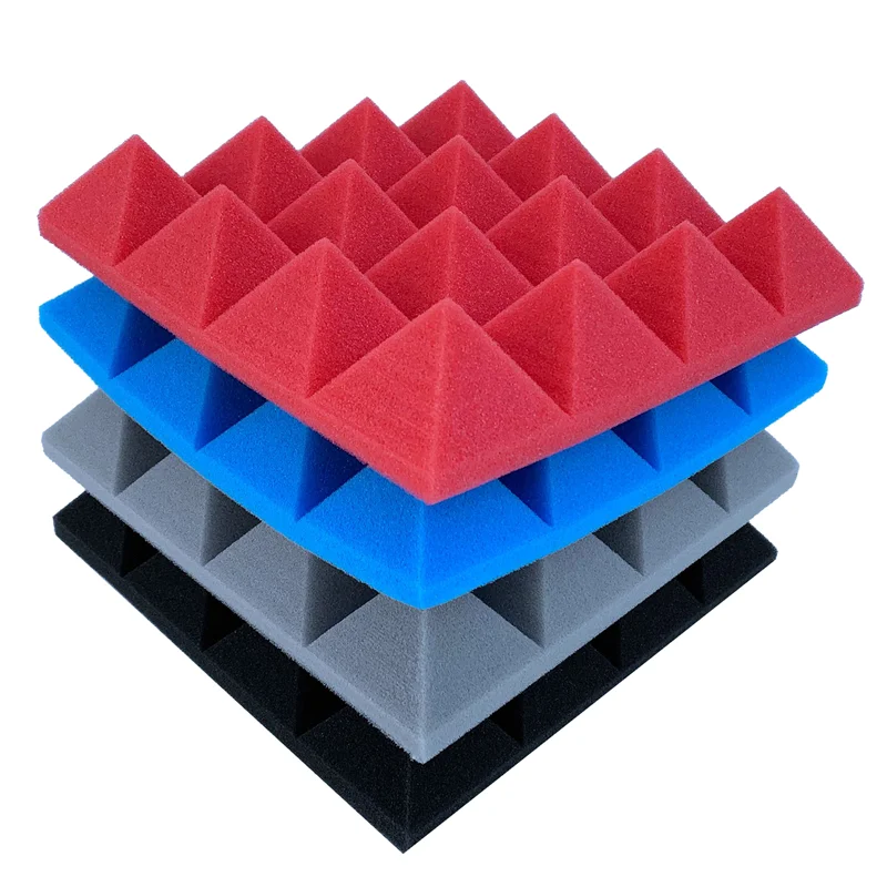 24Pcs 25X25X5Cm Studio Acoustic Soundproof Foam Pyramid Noise Insulation Sound Absorption Treatment Panels Black+Red