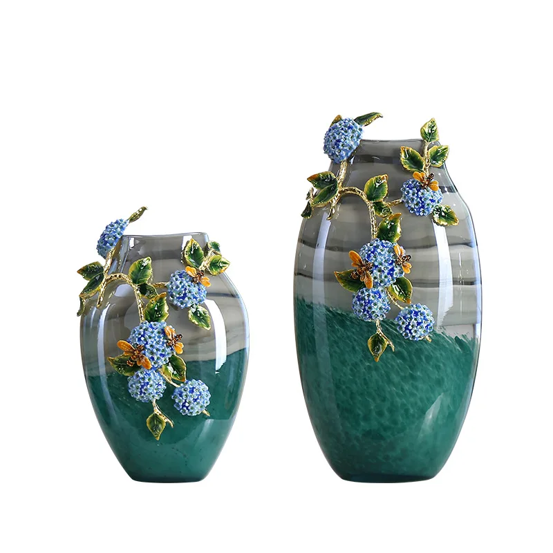 Enamel art hydrangea vase ornament glass handicraft TV cabinet entrance decoration light luxury housewarming gift