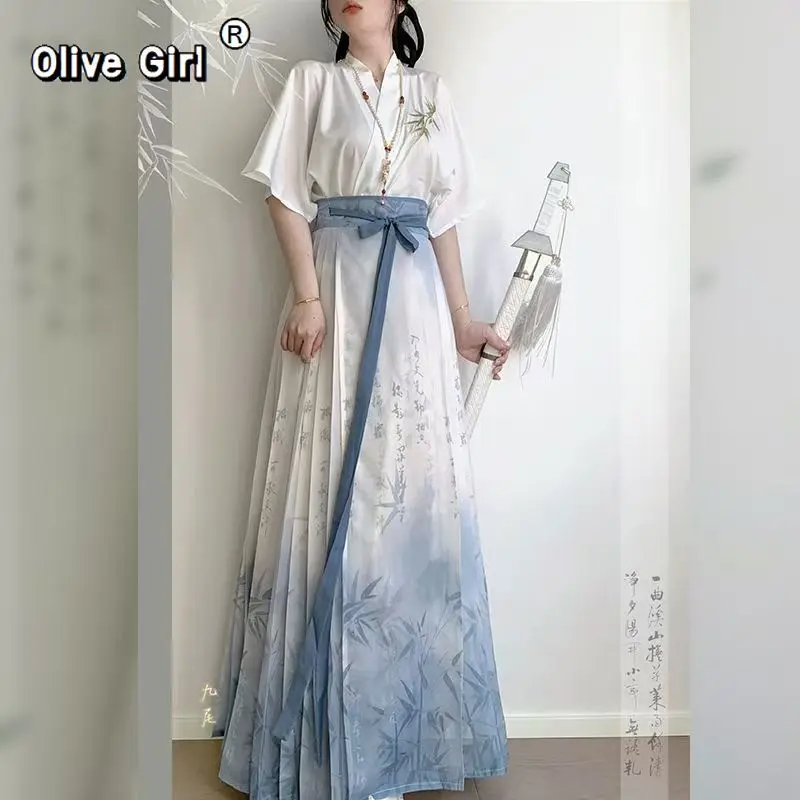Olivegirl Hanfu Women's Ming Dynasty Style Printed Chinese Traditional Hanfu Horse-Face Skirt Summer Clothing Elegant High-End
