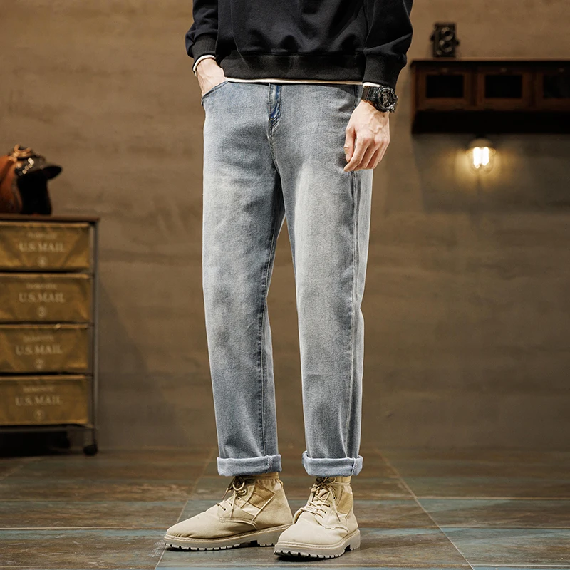 Pantalones vaqueros holgados con bolsillos de cintura alta para hombre, pantalón Vintage de moda, con botón degradado sólido, para primavera y otoño