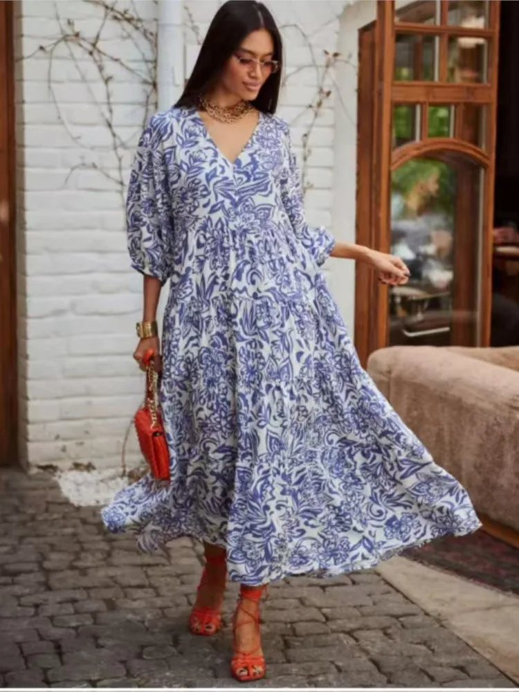 

Woman's Fashion Blue Printed Dress Female Elegant Robe Spring V-neck Long Sleeves Casual Long Dresses Autumn Ladies Vestidos