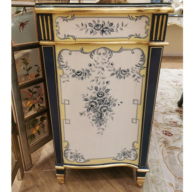 

French court style romantic mahogany blue and white flower painted dining side cabinet foyer entrance cabinet furniture