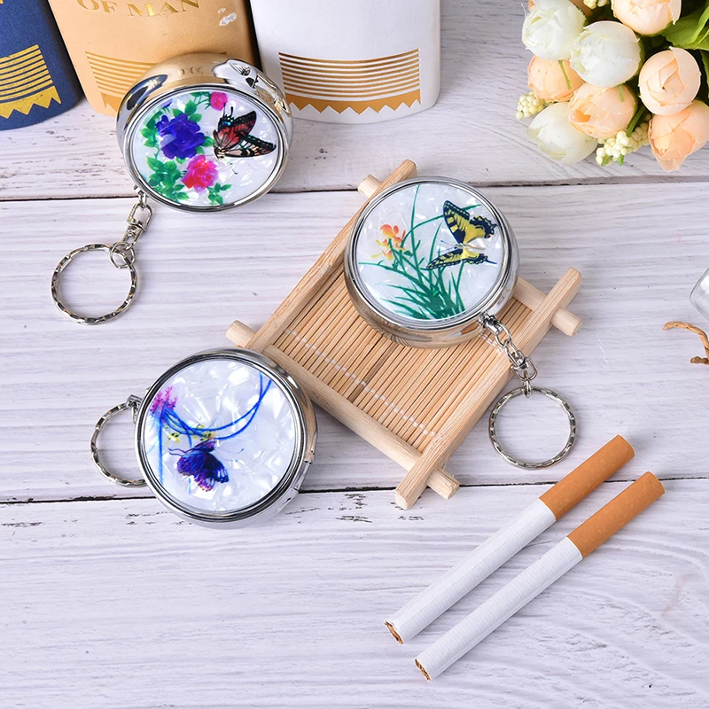 1Pc Creative Round Cigarette Keychain Portable Stainless Steel Pocket Ashtray Random Style