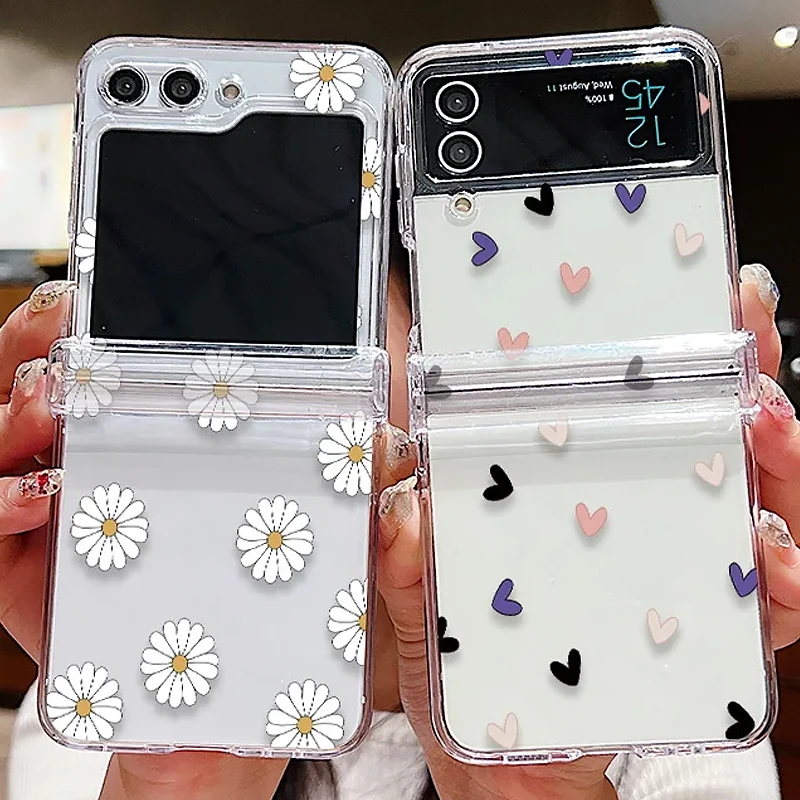 Transparent Love Flower Phone Case For Samsung Galaxy Z Flip 6 5 4 3 Flip 5 Flip 6 Shockproof Bumper Slim Hard Back Cover Fundas