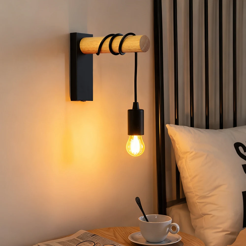 خمر الرجعية الخشب الجدار مصباح الشمعدان أضواء الجدار تركيبات E27 داخلي ديكور المنزل غرفة الطعام أباجورة غرفة نوم السرير الإضاءة