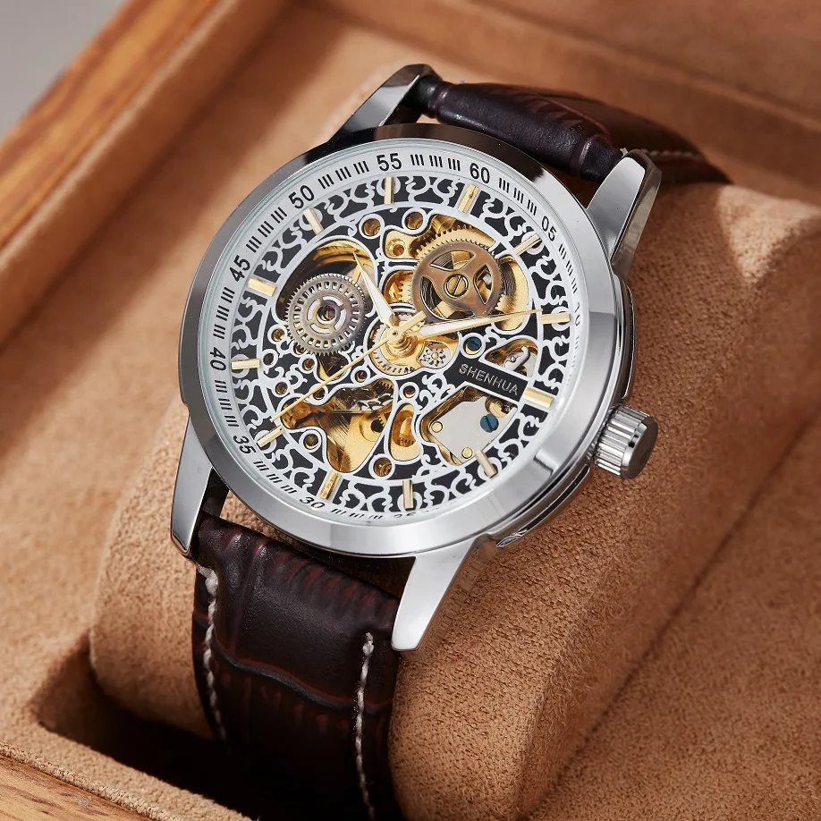 Men Hollow Skeleton Mechanical Watch, Brown Leather Strap Transparent Dial Vintage Wristwatch