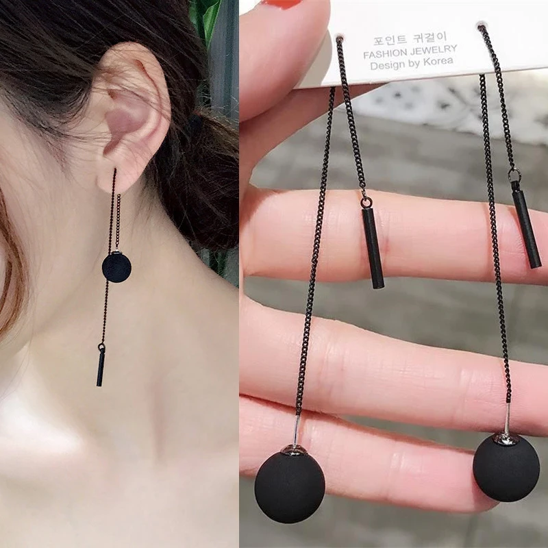 2021 New Long Chain Earrings Black Round Ball Elegant Temperament Long Tassel Dangle Earrings Fashion Jewelry for Women Gifts