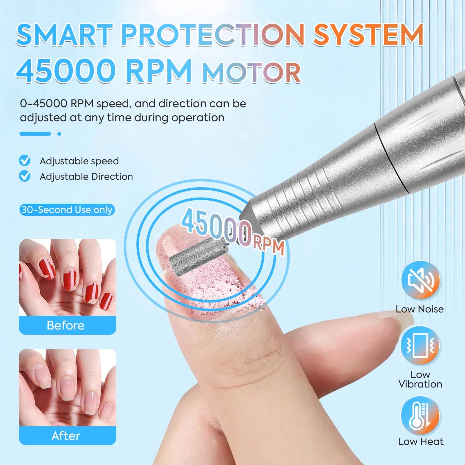 Trapano per unghie ricaricabile Lima per unghie elettrica portatile da 45000 giri/min con design simpatico orso, velocità regolabile e display LCD