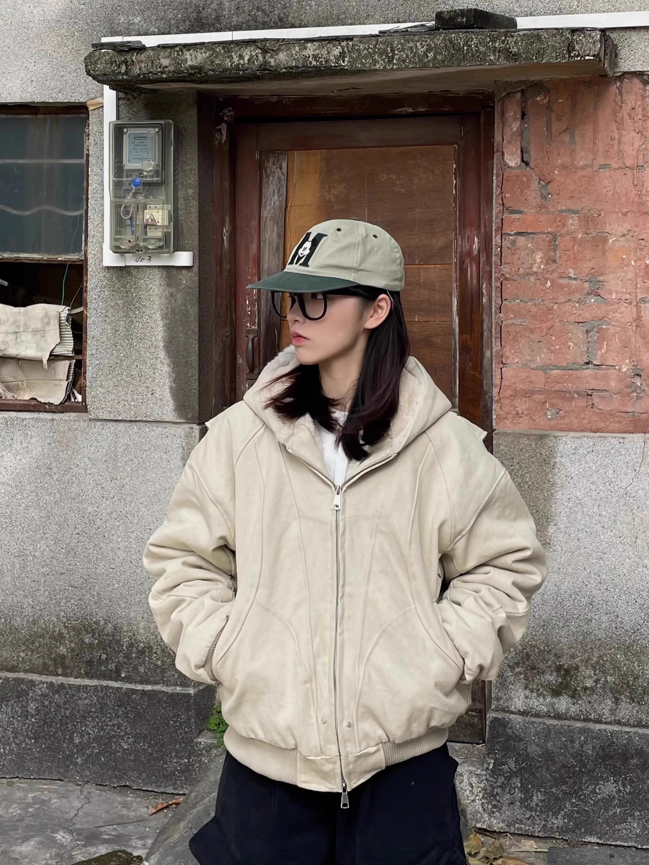 

Retro Thiened Fce Waed Hooded Jaet ex ort Sle Zipper Closure Long Sve Casual Outerwear for Autumn Winter