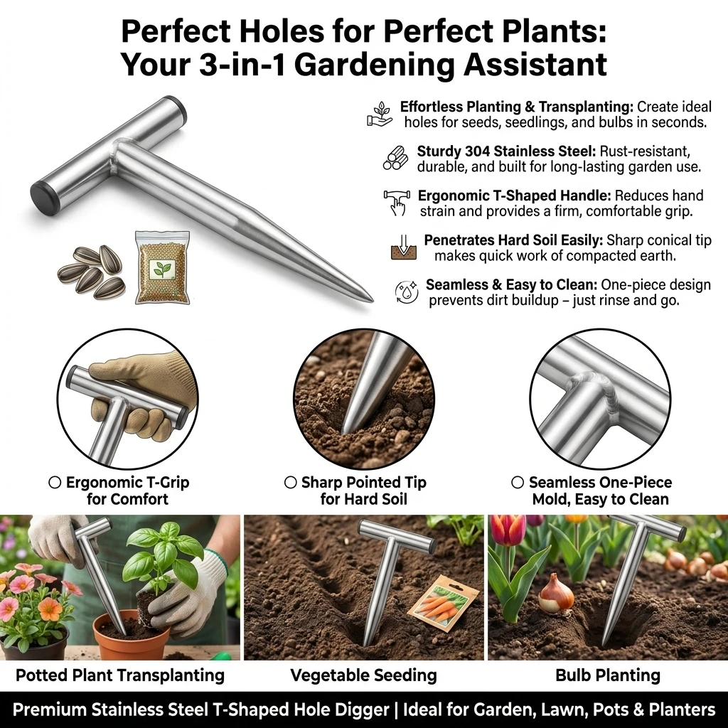 Hand Dibber Stainless Steel T Shaped Hole Digger T-shaped Hand Dibble Easily Cleaning Plant Hole Digger For Sowing Seeds