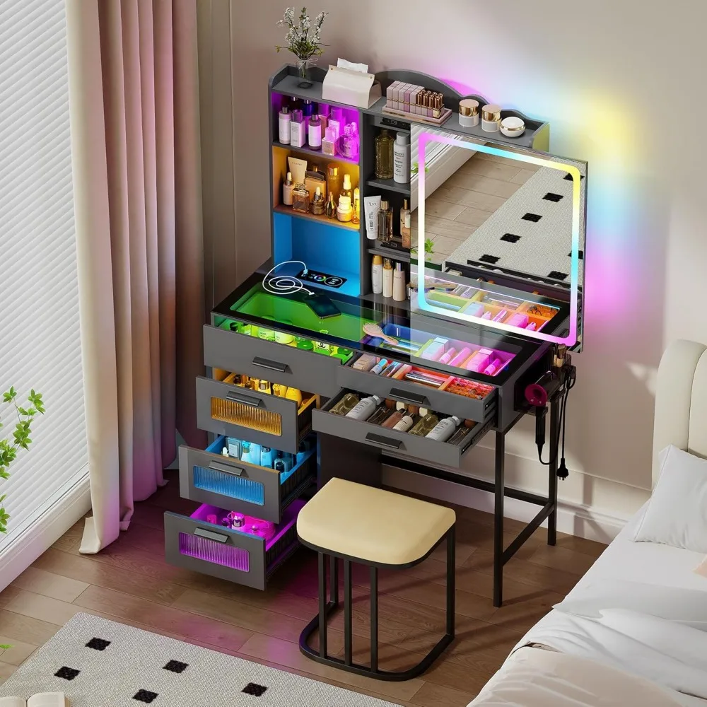 مكتب زينة RGB مع مرآة وأضواء منزلقة، زينة مكياج مع محطة شحن، طاولة زينة LED مع سطح زجاجي، فانيتي للفتيات