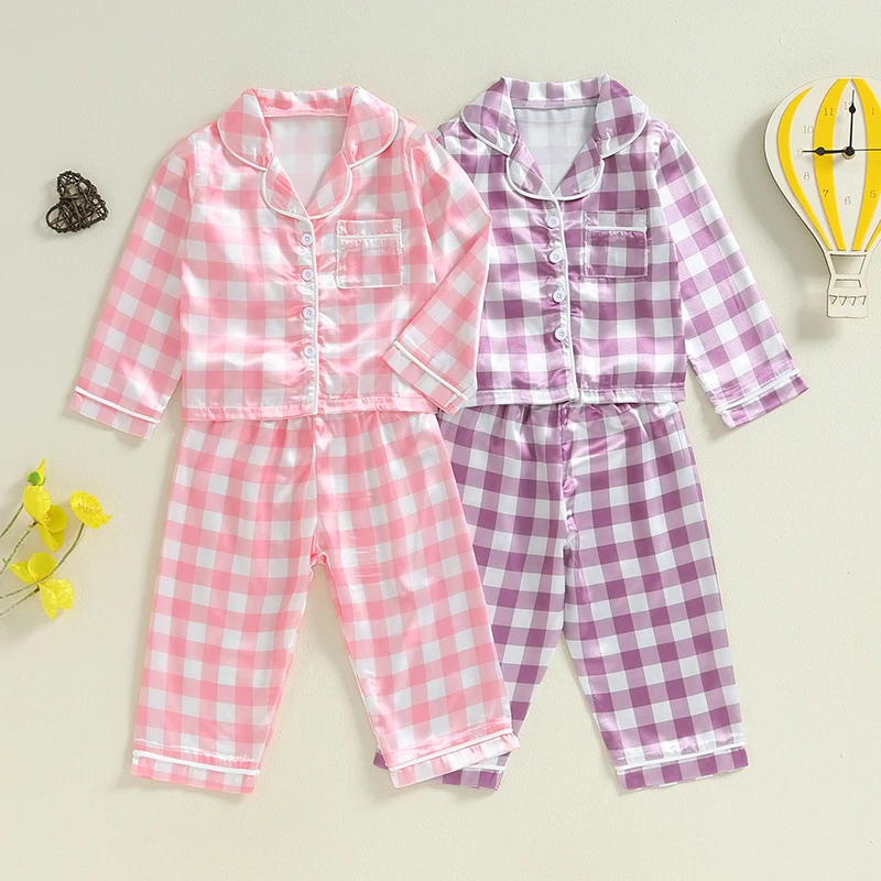 

Kids Girls Comfy Pajamas Set Plaid Print Button up Long Sleeves Shirt and Elastic Pants Loungewear Sleepwear