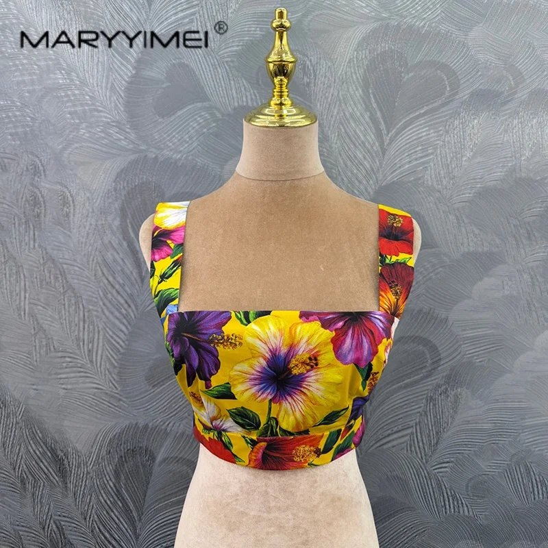 MARYYIMEI Casual  Women's Slim Fit Floral Print square neck Vest Mini Tank Top Cotton Style New Summer 2026 Edition