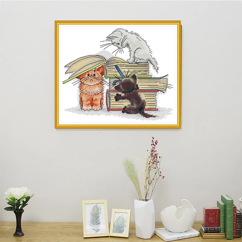 Joy Sunday Cross Stitch Kits 11CT 14CT Embroidery Painting Book-loving kitten DMC Printed Canvas DIY Handmade Home Decor