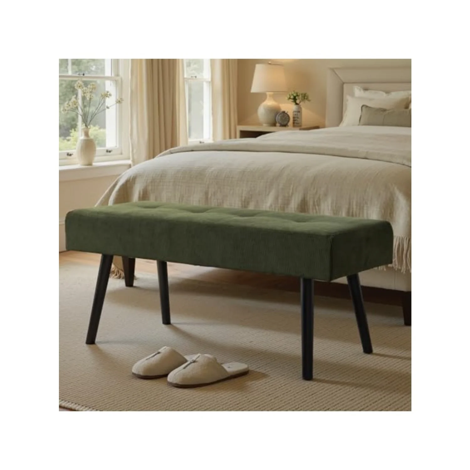 Entryway Bench - Green Bench for Bedroom, Modern Ottoman End of Bed, Corduroy Padded Benches for Living Room, Foyer