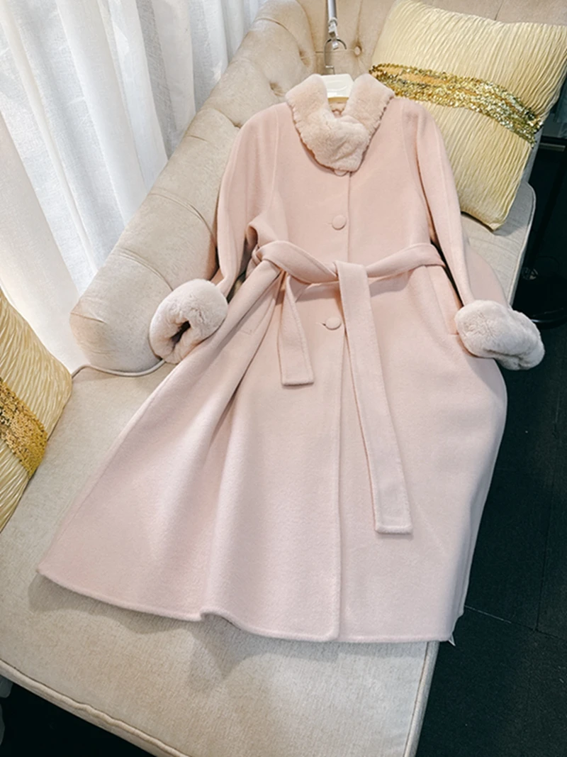 Ele الوردي الأرنب الفراء طوق الوجهين الصوفية معطف طويل خمر لطيف ميسي برينك Sle المرأة Faion معطف الشتاء