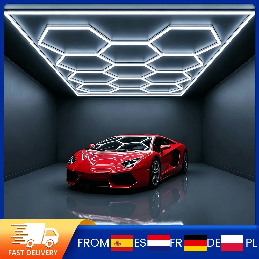 Lumière de garage hexagonale en nid d'abeille à 14 trous avec bordure, lumière blanche froide 6500K, tube super lumineux, tension 220V-240V, 690W haute puissance, adaptée pour garage, atelier 4S, station de lavage de voitures, salle de sport, petite boutique, salon de coiffure, éclairage domestique simple et éclairage commercial