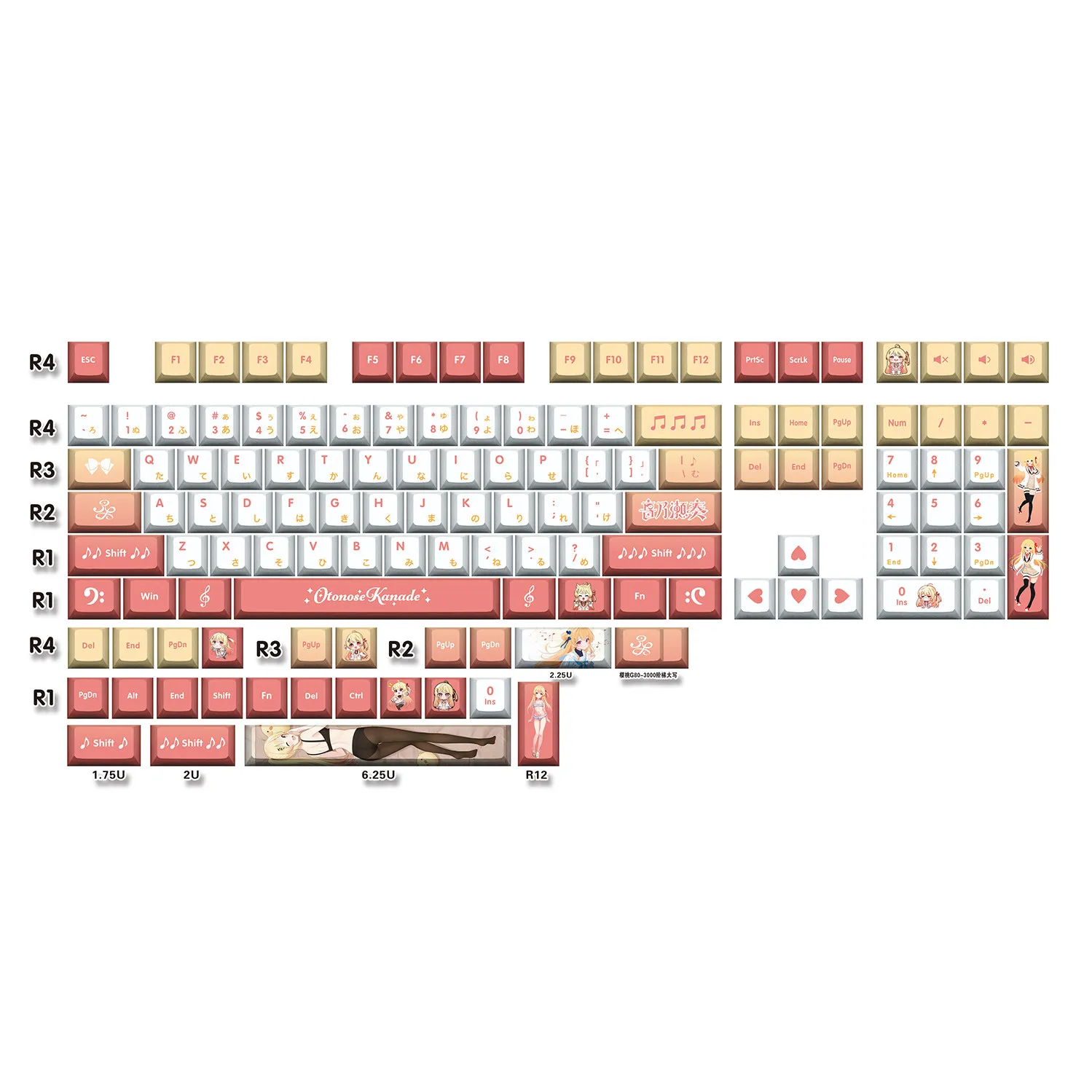 Otonose Kanade 128 Key Cap Vtuber PBT DYE Sublimation Cherry MX Cross Axis Switch Keycap for Mechanical Keyboard Game Otaku Gift