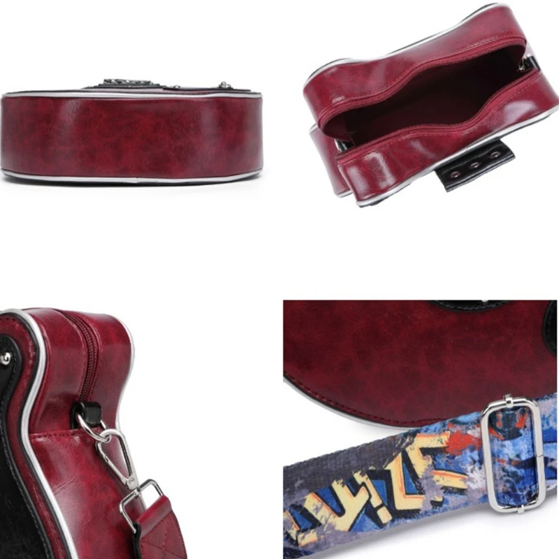 Bolsa de ombro forma guitarra para mulheres, saco crossbody criativo feito de couro pu, cinto de ombro ajustável