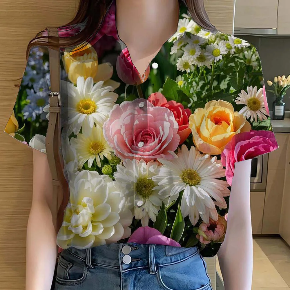 Womens Shirts Short Sleeve Button Floral rose 3D Printed Casual Beach Shirt Summer New unflower Blouse Y2k Women's Clothes