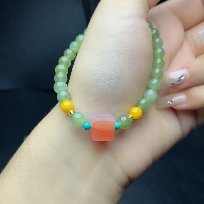 

Natural Hetian Jasper Cat Eye with Yanyuan Agate Bracelet Square Macaron Fashion Candy Women's Bracelet
