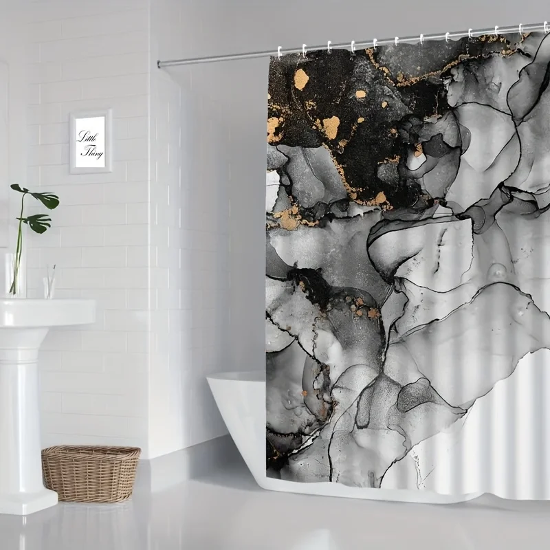 1pc Nordic Luxury Marble Shower Curtain - Grey & Golden Floral Pattern for Bathroom Decoration, Toilet Shower Curtain, Windows & - view 6