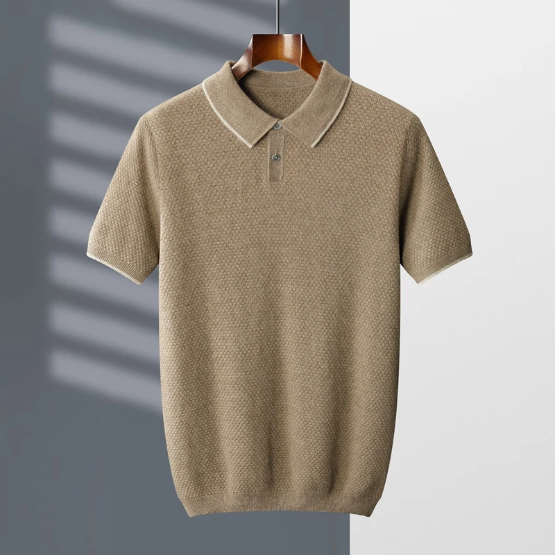 MVLYFLRT 100% Goat Cashmere T-shirt Men's POLO Collar Short Sleeve 2022 Spring and Autumn New Fashion Knitted Pullover Tank Top