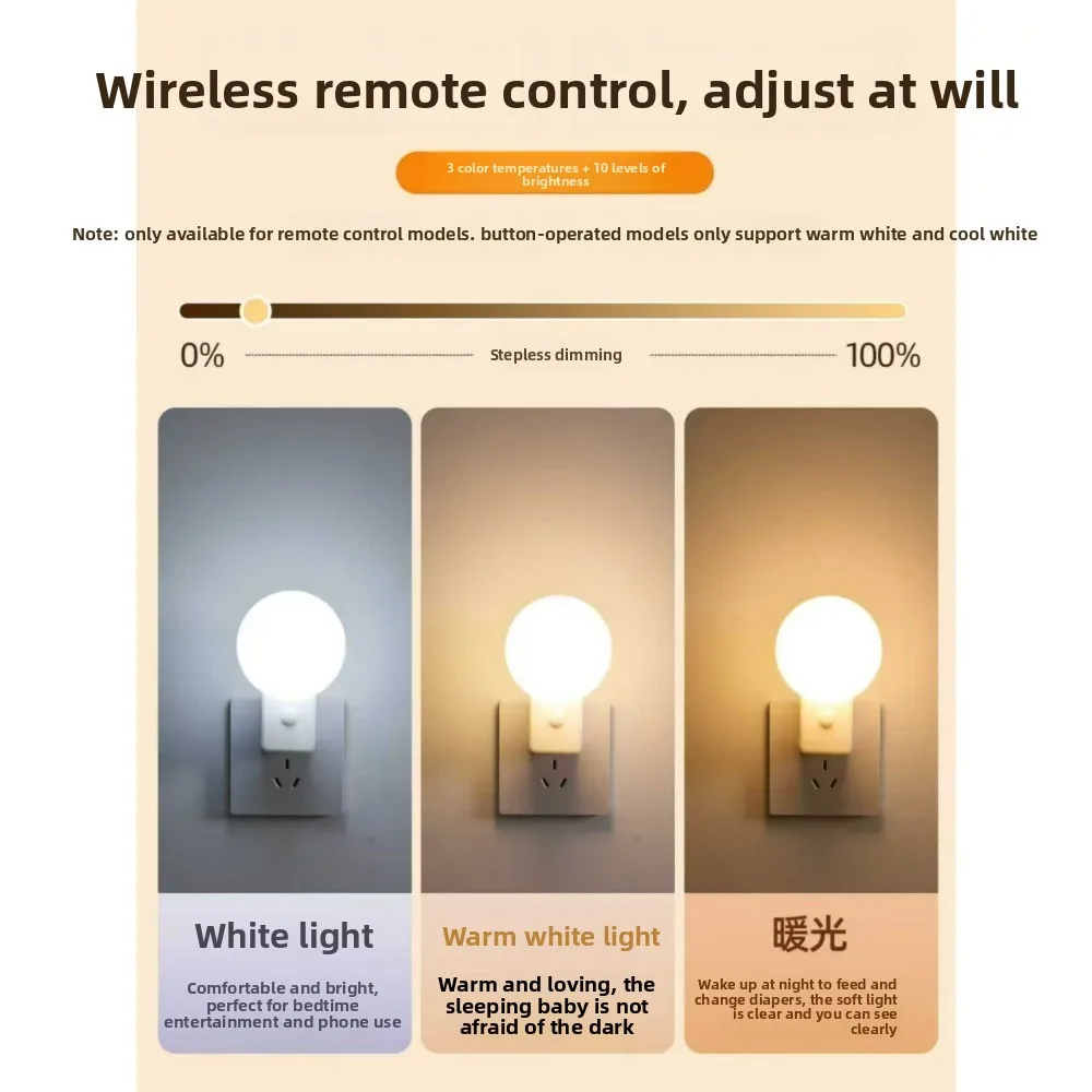 Plug-in Remote Control Eye-Caring Night Light Energy-Saving Bedside Lamp for Baby Nursing & Bedroom Sleep